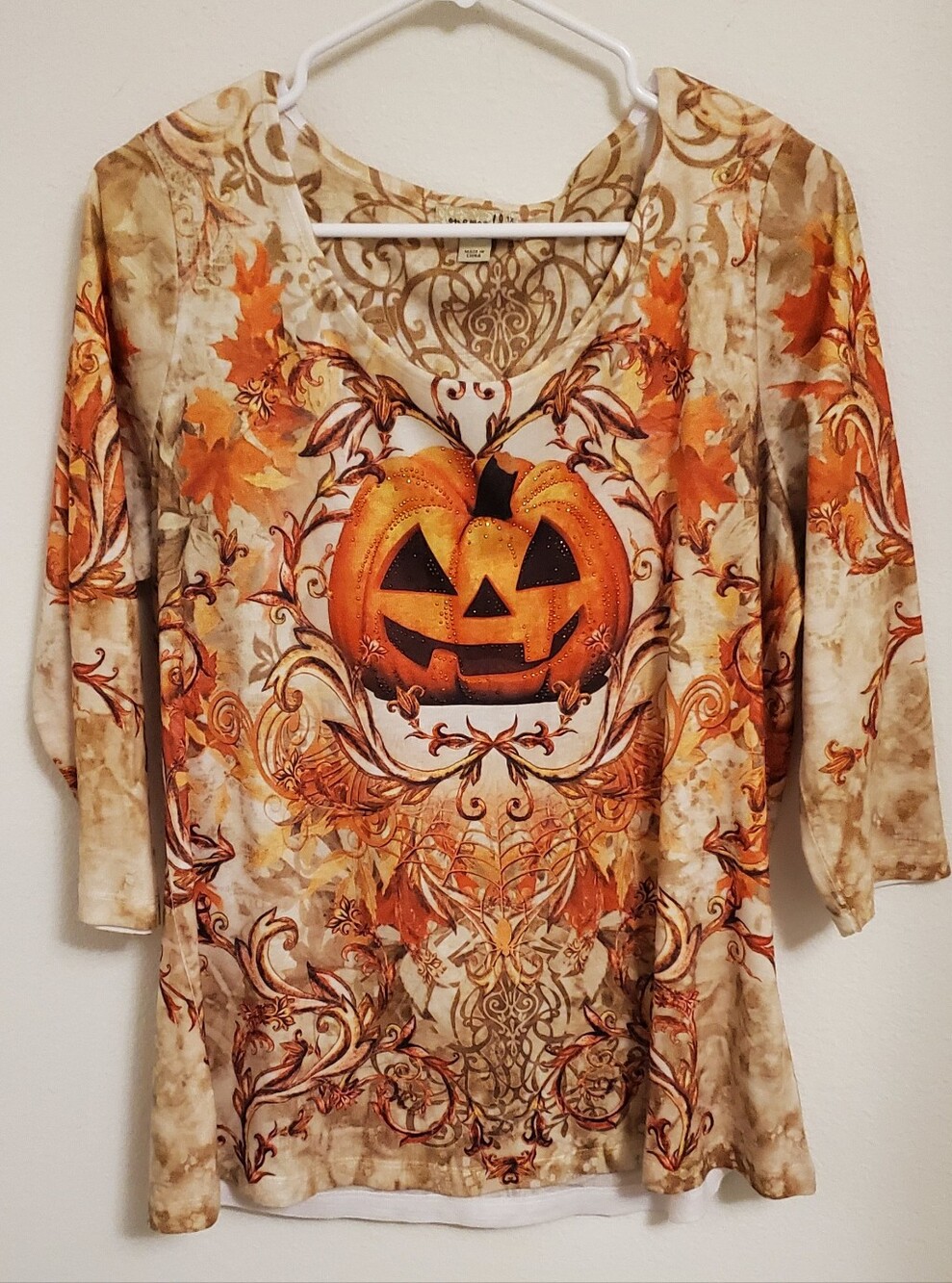 ONE WORLD Pumpkin Embellished Jack-O'-Lantern Long Sleeve Top - Orange Cream